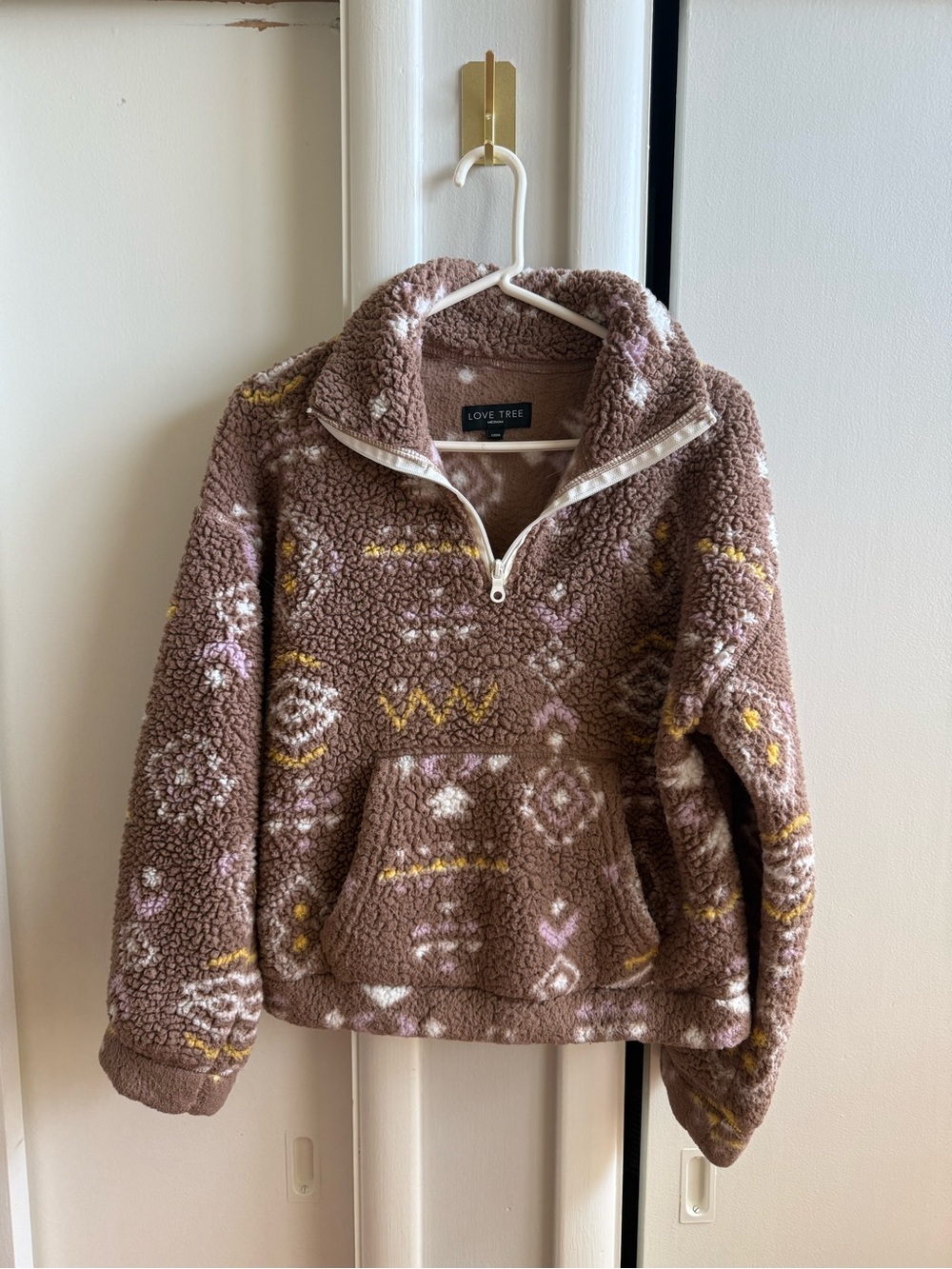 Love Tree Brown Patterned Sherpa Half-Zip Pullover